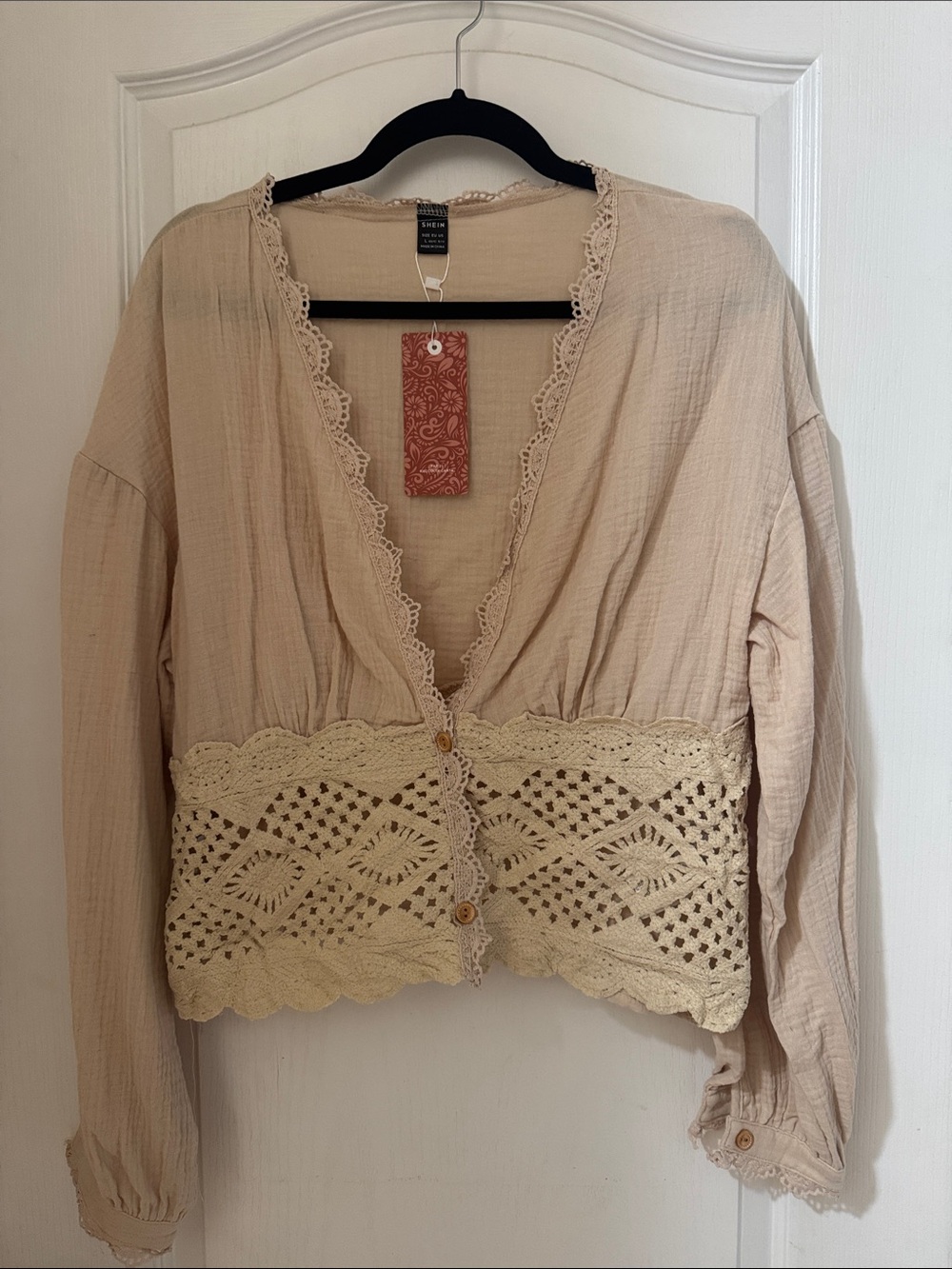 SHEIN Beige Crochet-Trim Button Down Top